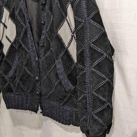 Vintage 70s Suede Patchwork Jacket Batwing Crochet Button-Down Black Boho Sz M - Picture 6 of 11